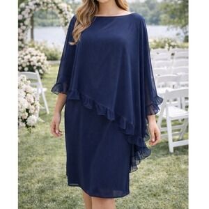 XSCAPE Navy Blue Chiffon Overlay Ruffle Sheath Dress 18W XS8155W NWT O2